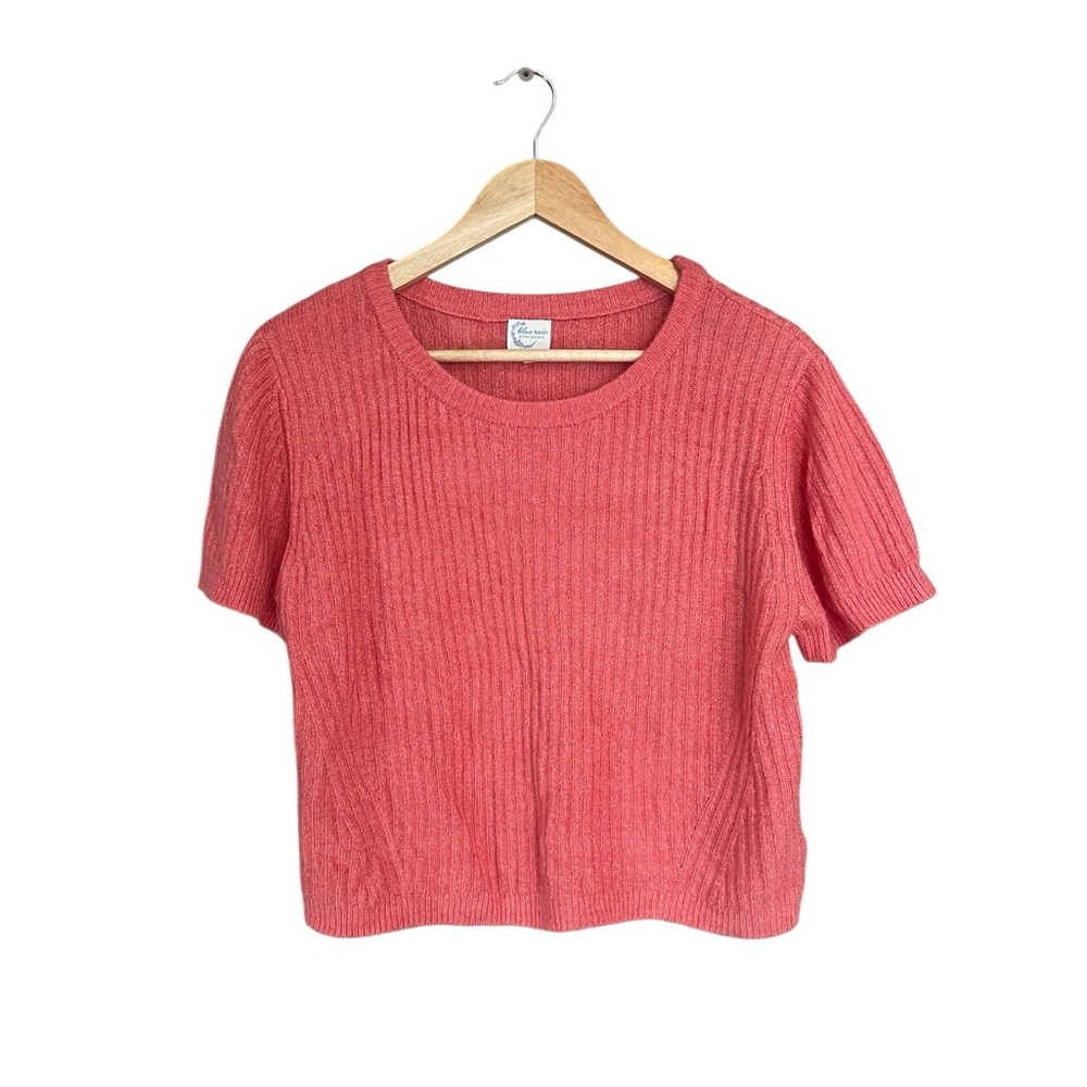 Francesca’s Blue Rain Pink Ribbed Short Sleeve Sweater
